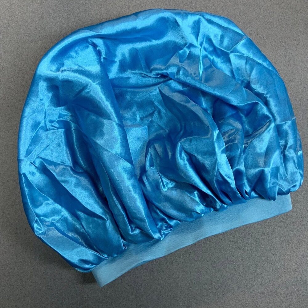 Satin Sleep Slumber Cap Lake Blue NOT WATERPROOF Hair Cap Hat Bed Wide Elastic